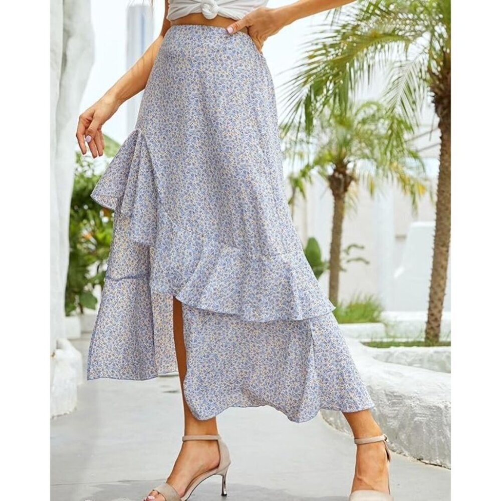 BTFBM Skirt Women XL Blue Floral‎ Print Asymmetric Ruffle Hem Boho Maxi NWT - Picture 2 of 11